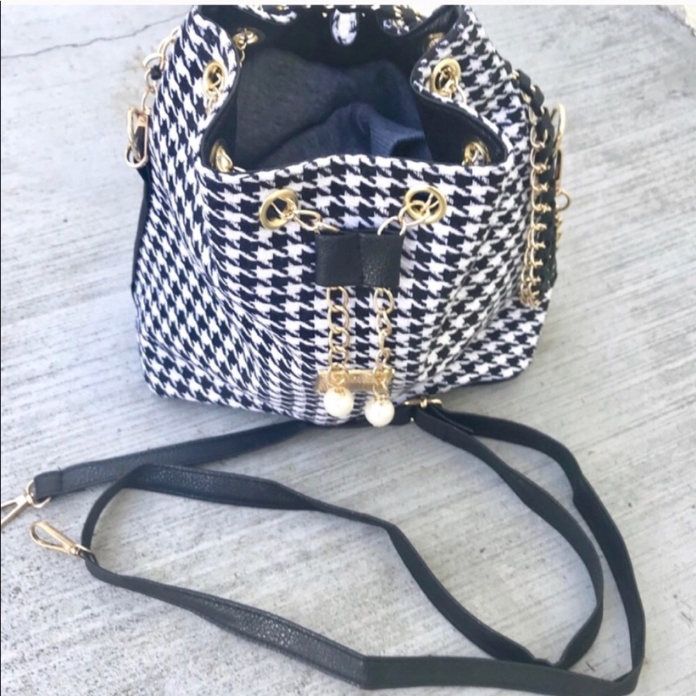 Houndstooth BUCKET purse gold chain shoulder BAG - Picture 3 of 5